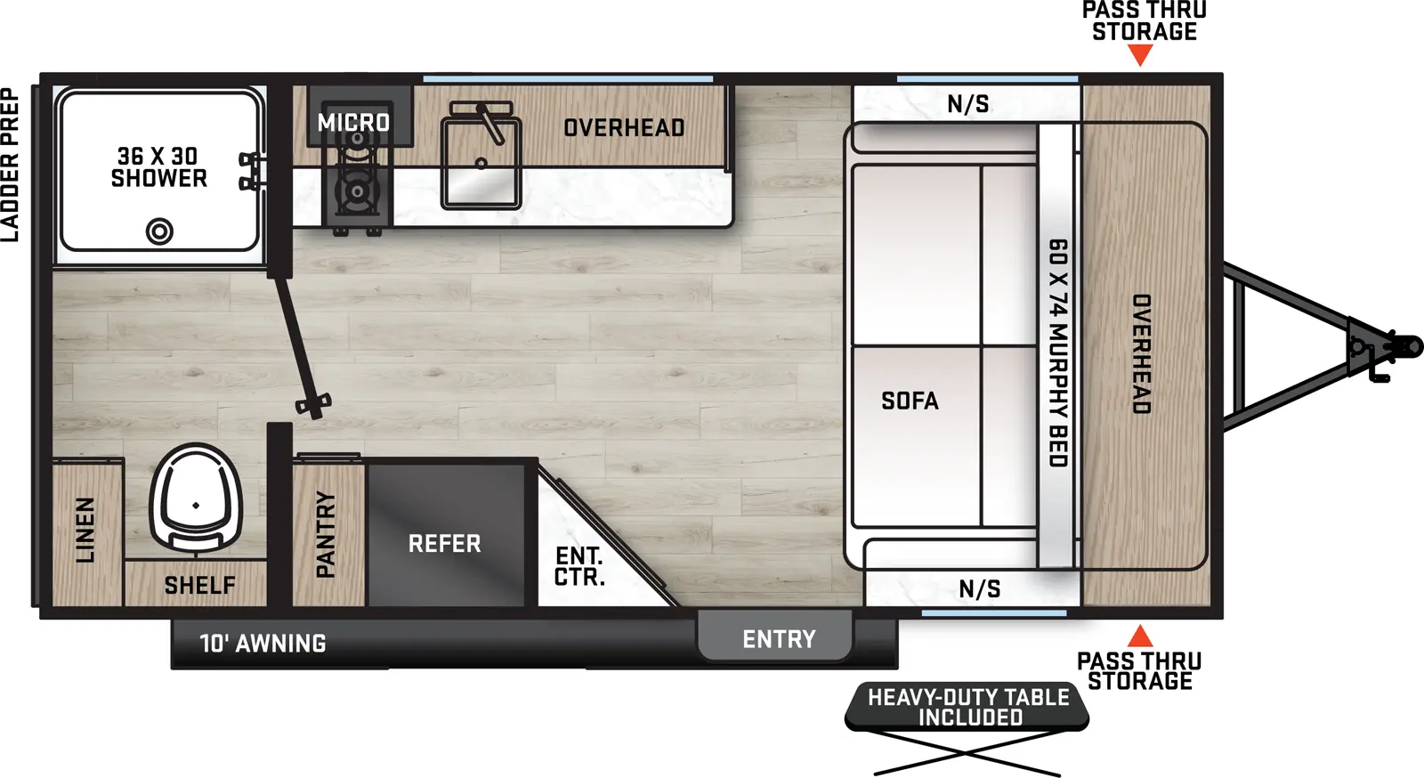 The 164RB has zero slideout and one entry. Exterior features a 10 foot awning, front pass-thru storage and heavy-duty table. Interior layout front to back: murphy bed sofa with overhead cabinet and night stands on each side; off-door side kitchen counter with sink, microwave, overhead cabinets and cooktop; door side entry, angled entertainment center, refrigerator and pantry; rear bathroom with toilet, shower, linen closet and shelf only.